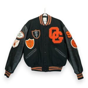 Vintage‎ 90s Wool & Leather Varsity Jacket Men's 44 Patched Snap Closure Black